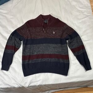 U.S. Polo Assn. Striped 1/4 Zip Cotton Sweater Mock Neck L Burgundy Gray Navy